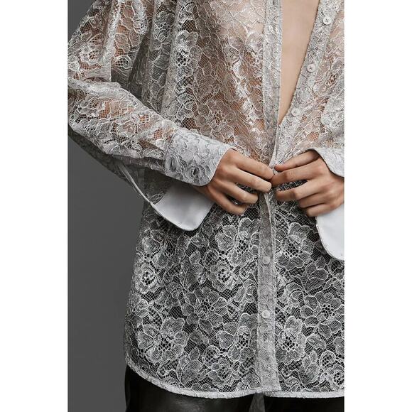 Anthropologie Metallic Lace Button Down Shirt Light Gray Silver X-Small - Picture 4 of 11